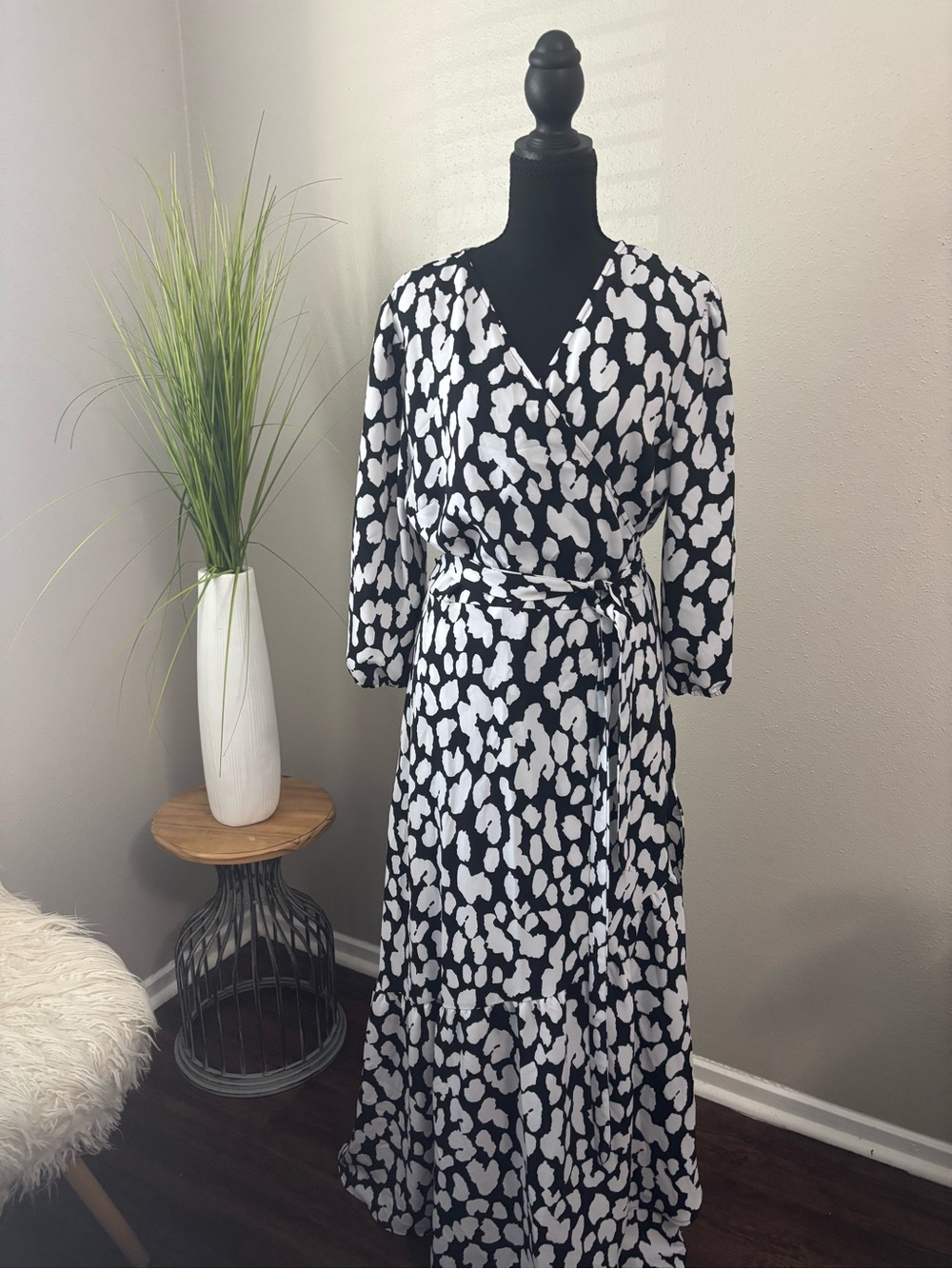 Bar III Black and White Wrap-Style Maxi Dress